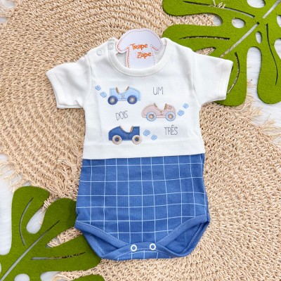 Kit 3 Peças - Bodys Manga Curta Um, Dois, Três e Já! - Azul Bebê, Areia e Off White